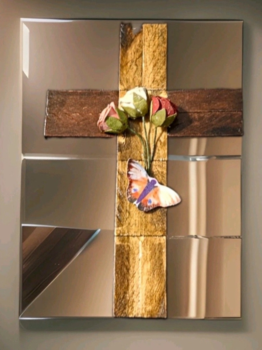 Handmade Cross Wall Art Or Table Decor With Flower And Butterfly Accents